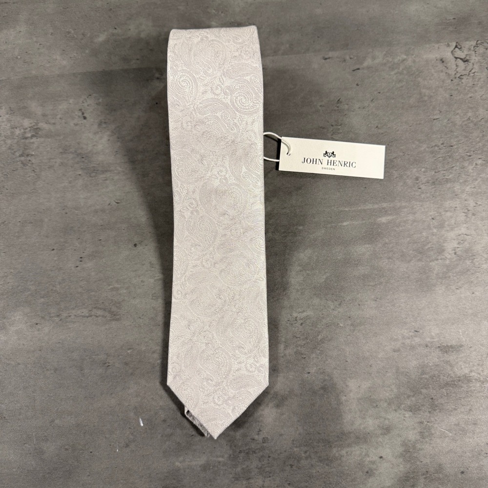 John Henric Necktie Mens Silk Woven Tie Formal Silver White Paisley Handmade NEW
